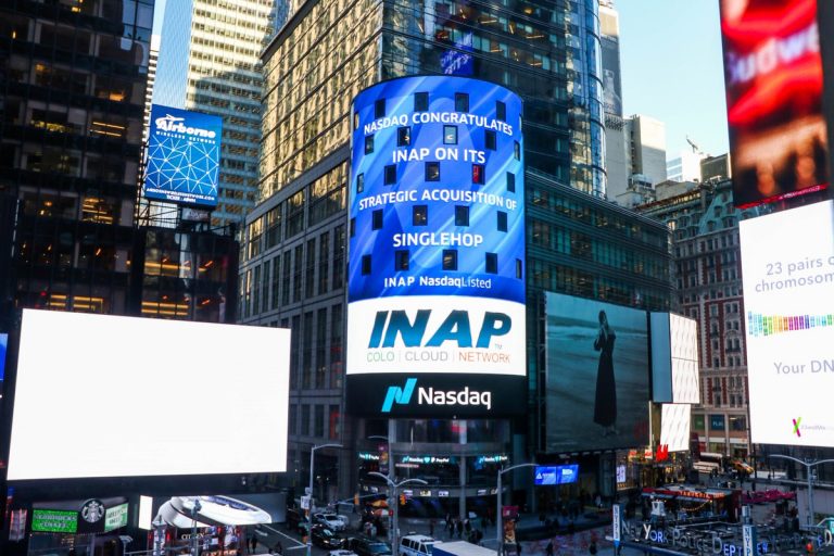 screen in new york city announcing INAP acquisition of SingleHop