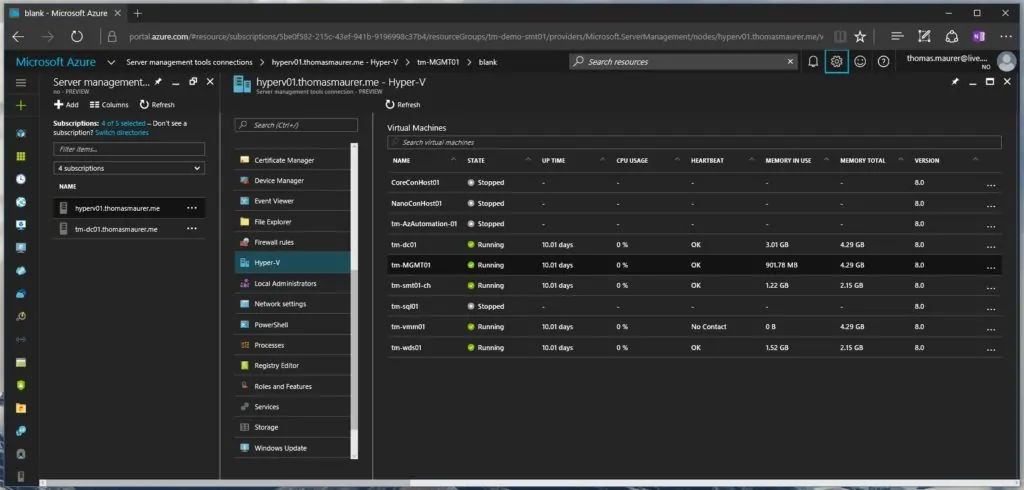 Hyper-V architecture showing VMs, host OS, and integration with Windows Server