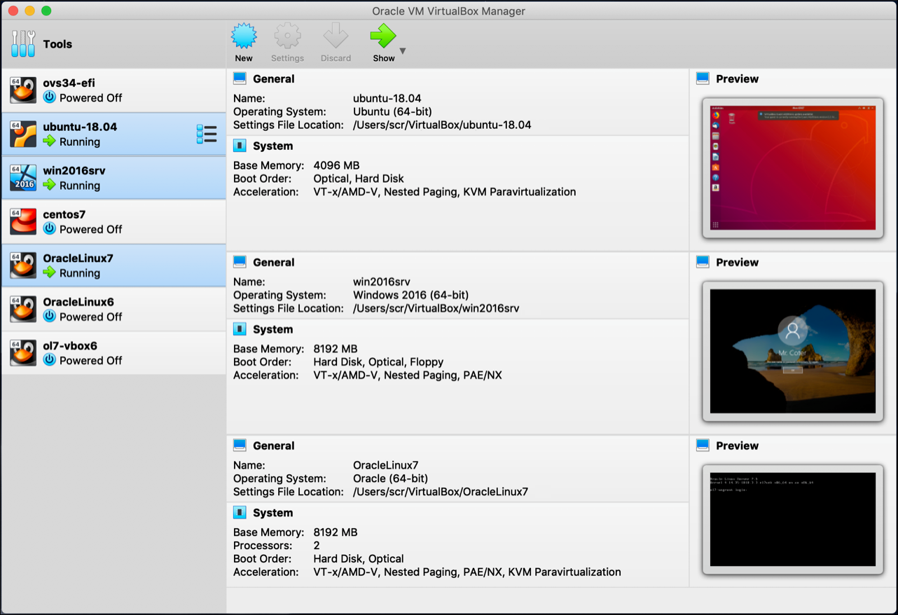 Oracle VM VirtualBox Manager showing Ubuntu, ContOS, and Win2016 running