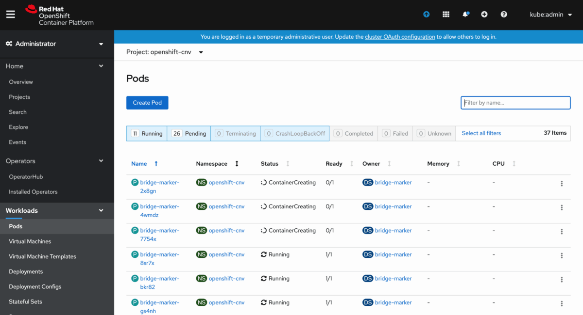 Red Hat OpenShift Virtualization dashboard showing pod orchestration.