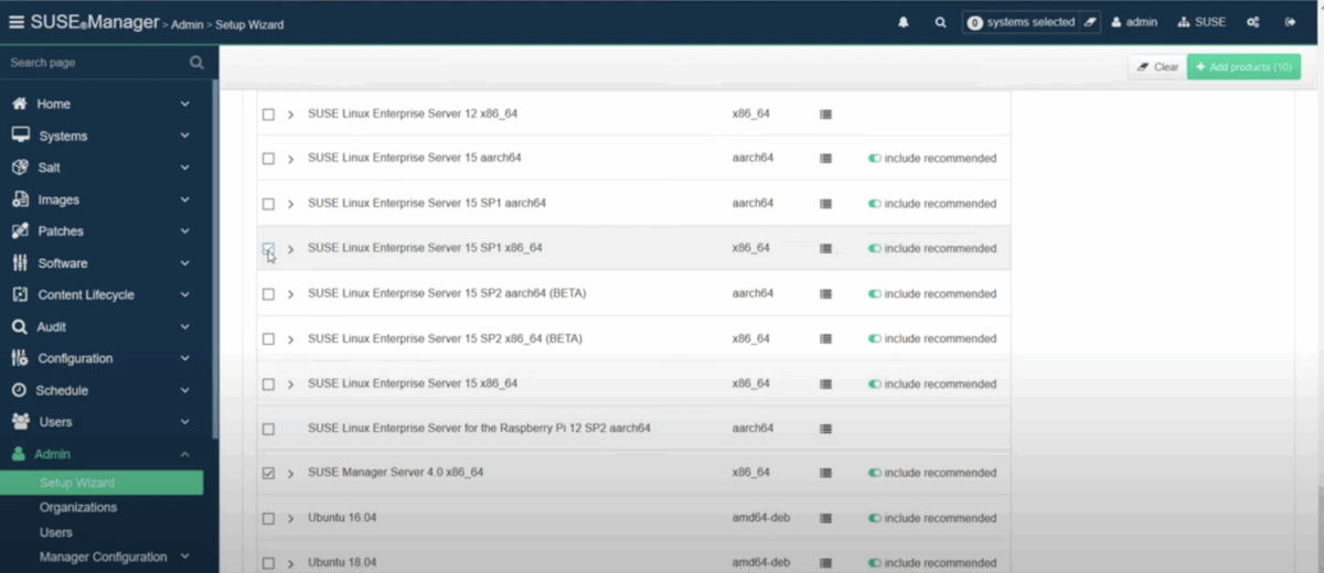 Suse Manager dashboard showing the setup wizard