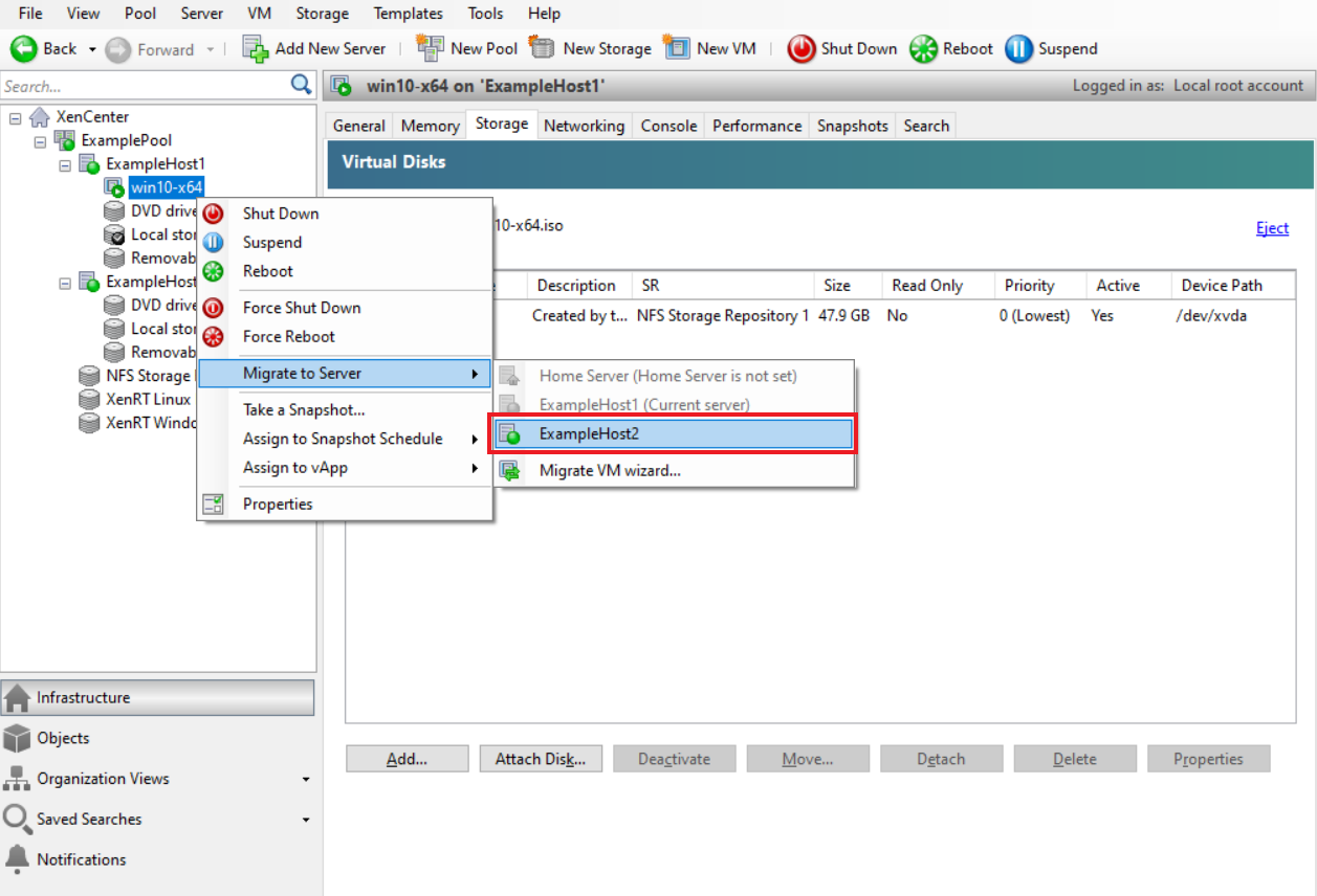  XenCenter interface showing the context menu of a virtual machine open. The Migrate to Server submenu is selected, revealing a list of available target hosts for live migration.