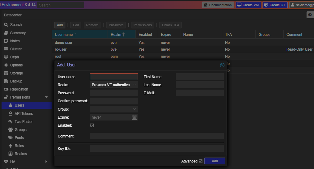 Add user screen in Proxmox