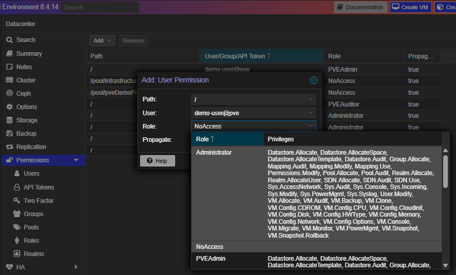 Assign permissions screen in Proxmox