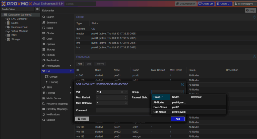 Add VM to High Availability group