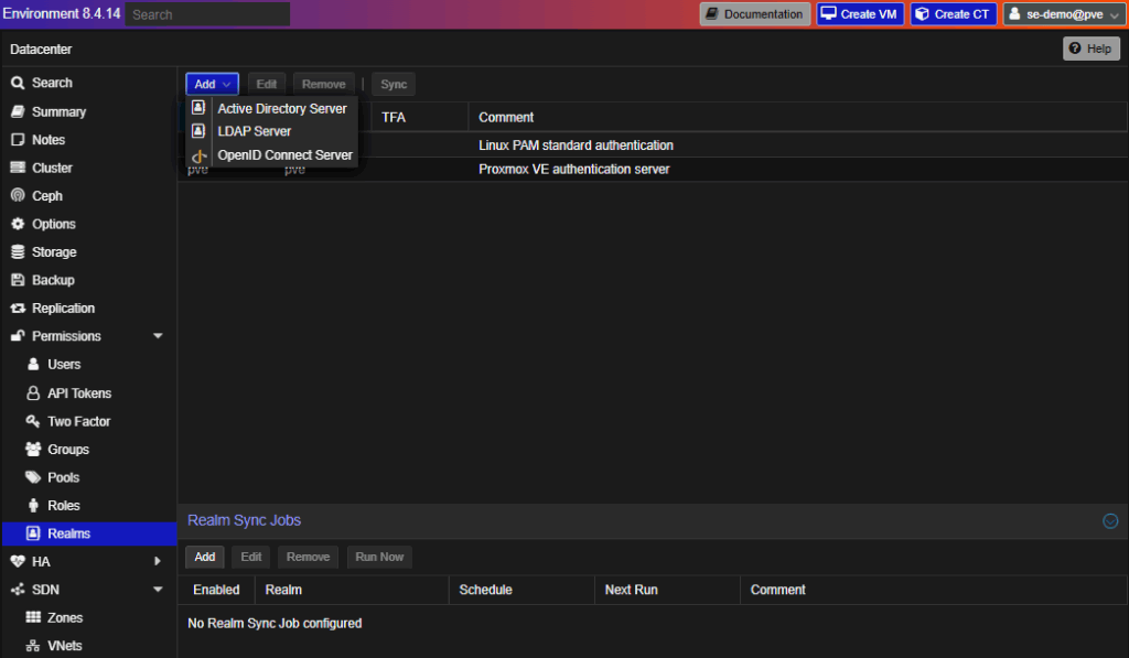 Authentication realm configuration in Proxmox