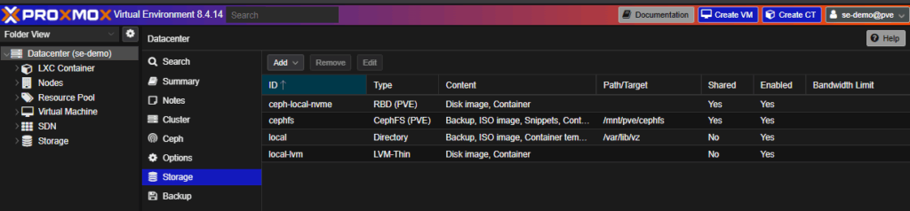 Proxmox data center storage
