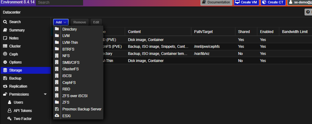 Proxmox data center storage add