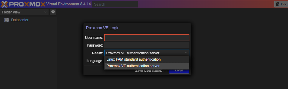 Proxmox login screen with authentication realms visible