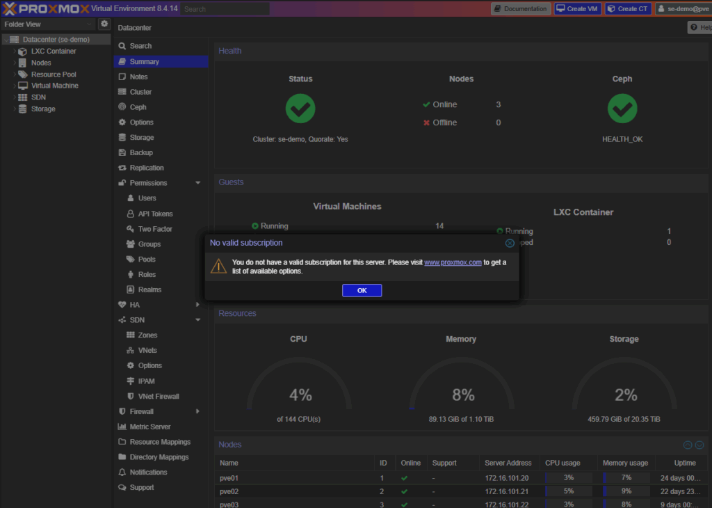 Proxmox subscription notification screen