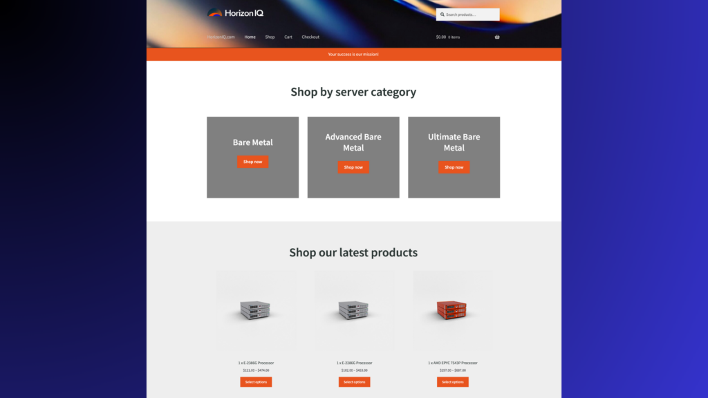 Previous HorizonIQ store homepage with a "Shop by server category" row of three gray tiles and a "Shop our latest products" grid of servers with price ranges